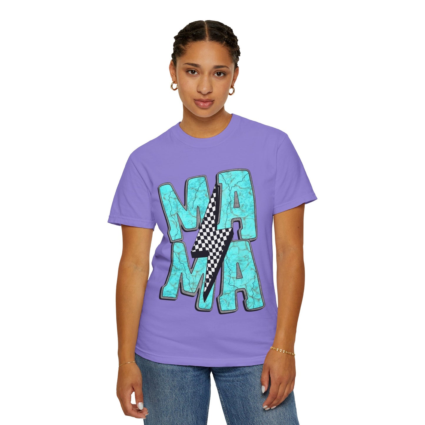MAMA Lightning Bolt T-Shirt | Checkerboard, Aqua Marble Text