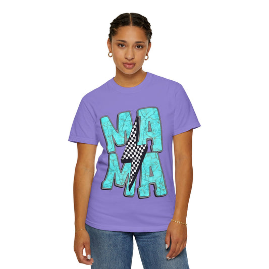 MAMA Lightning Bolt T-Shirt | Checkerboard, Aqua Marble Text