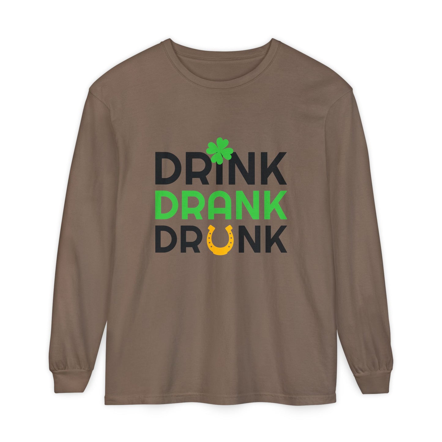 Drink Drank Drunk Shamrock Horseshoe Long Sleeve Tee | St. Patrick's Day Shirt