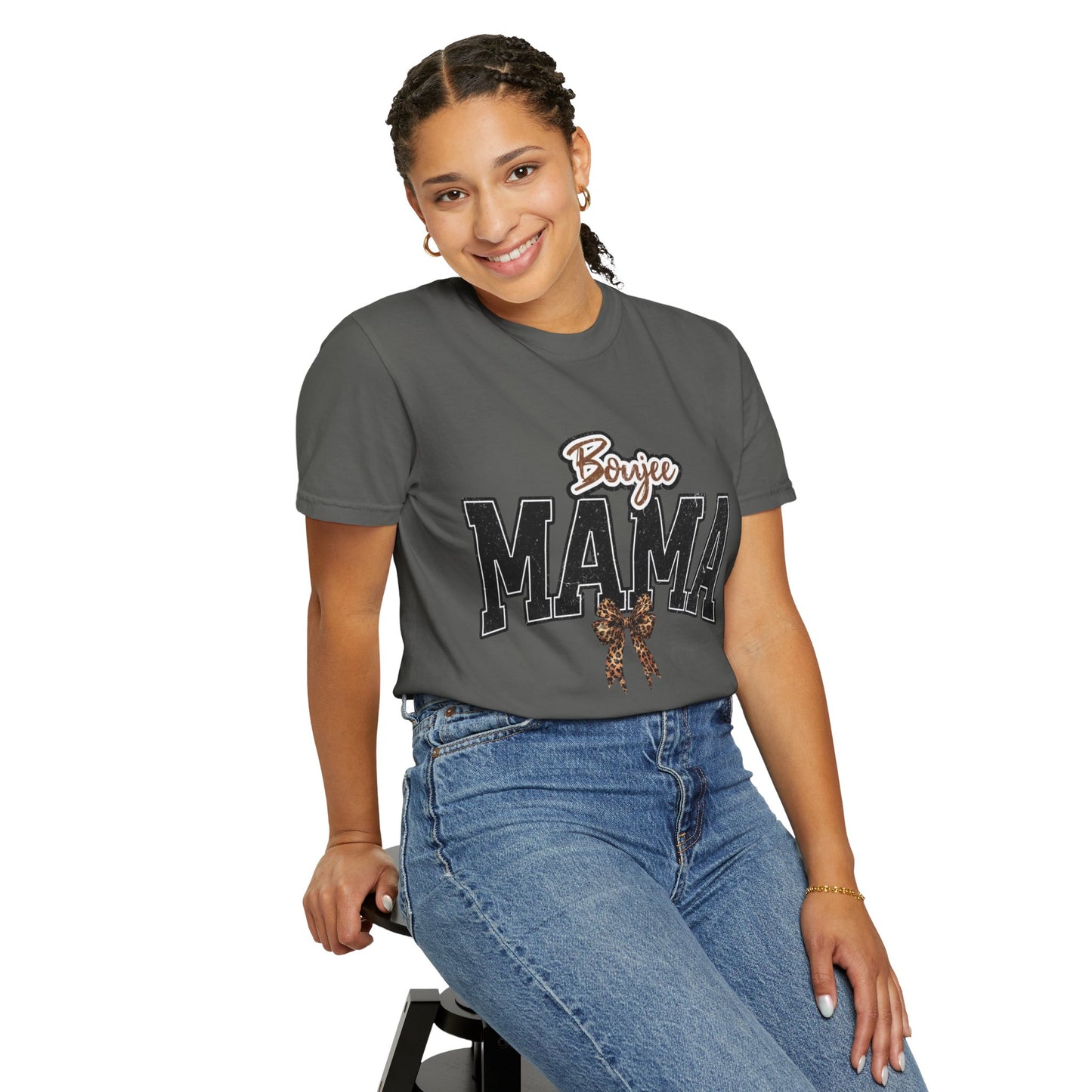 Boujee MAMA varsity letters with leopard bow T-Shirt | Mama shirt