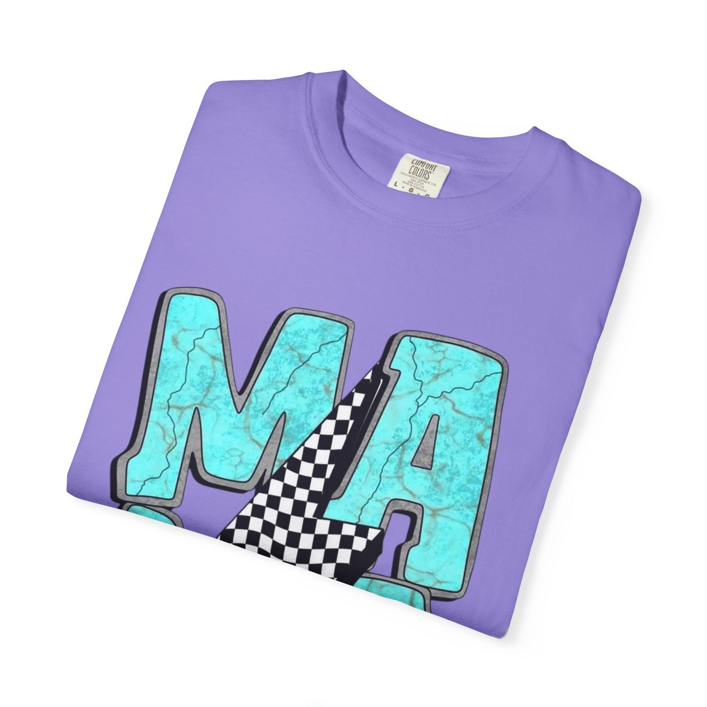 MAMA Lightning Bolt T-Shirt | Checkerboard, Aqua Marble Text