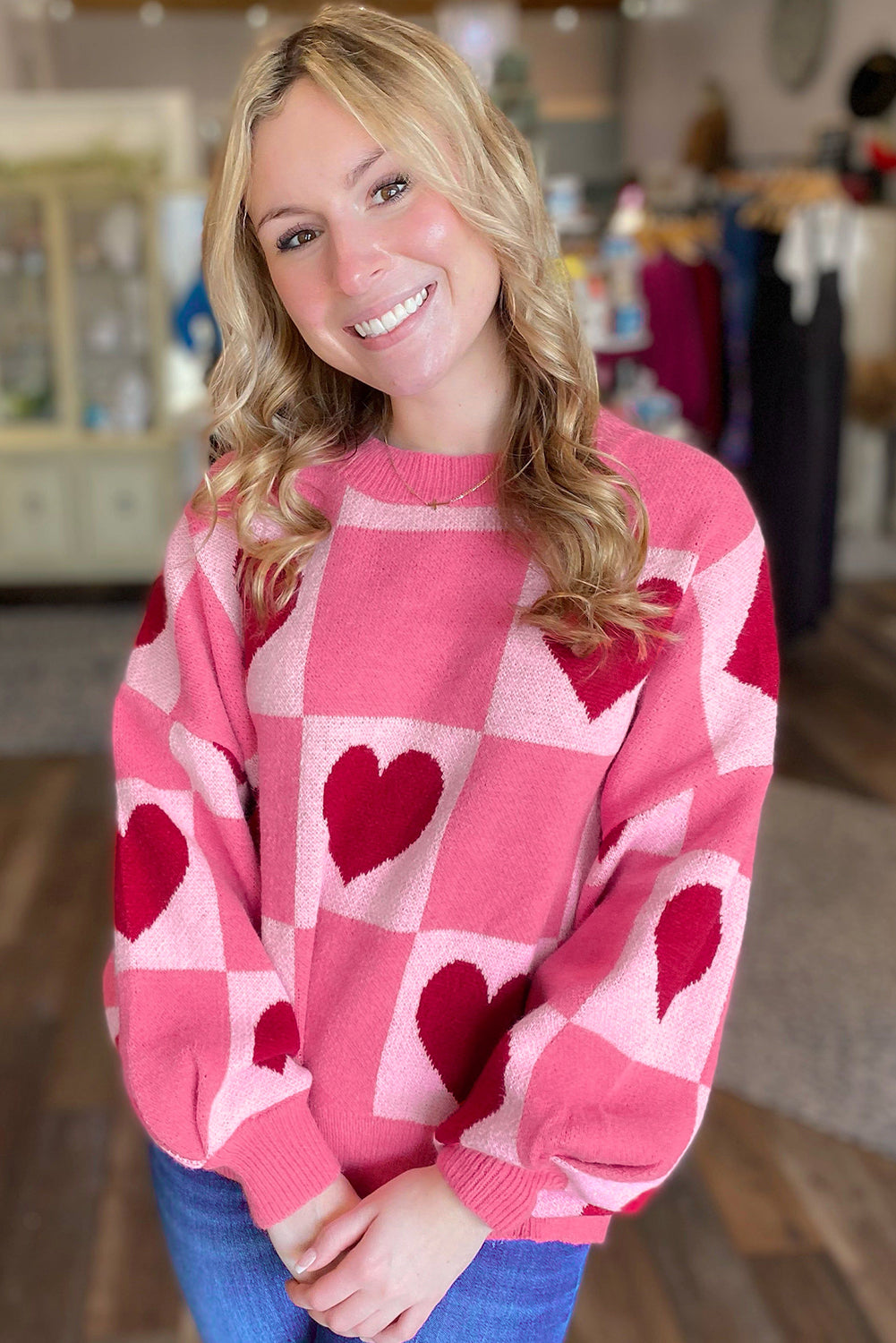 Pink Love Heart Checkered Valentine Knit Sweater
