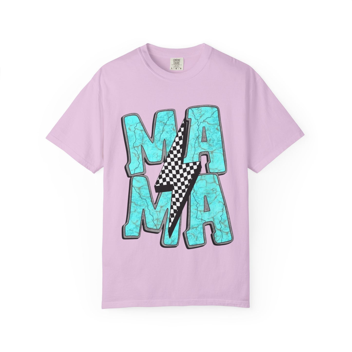 MAMA Lightning Bolt T-Shirt | Checkerboard, Aqua Marble Text