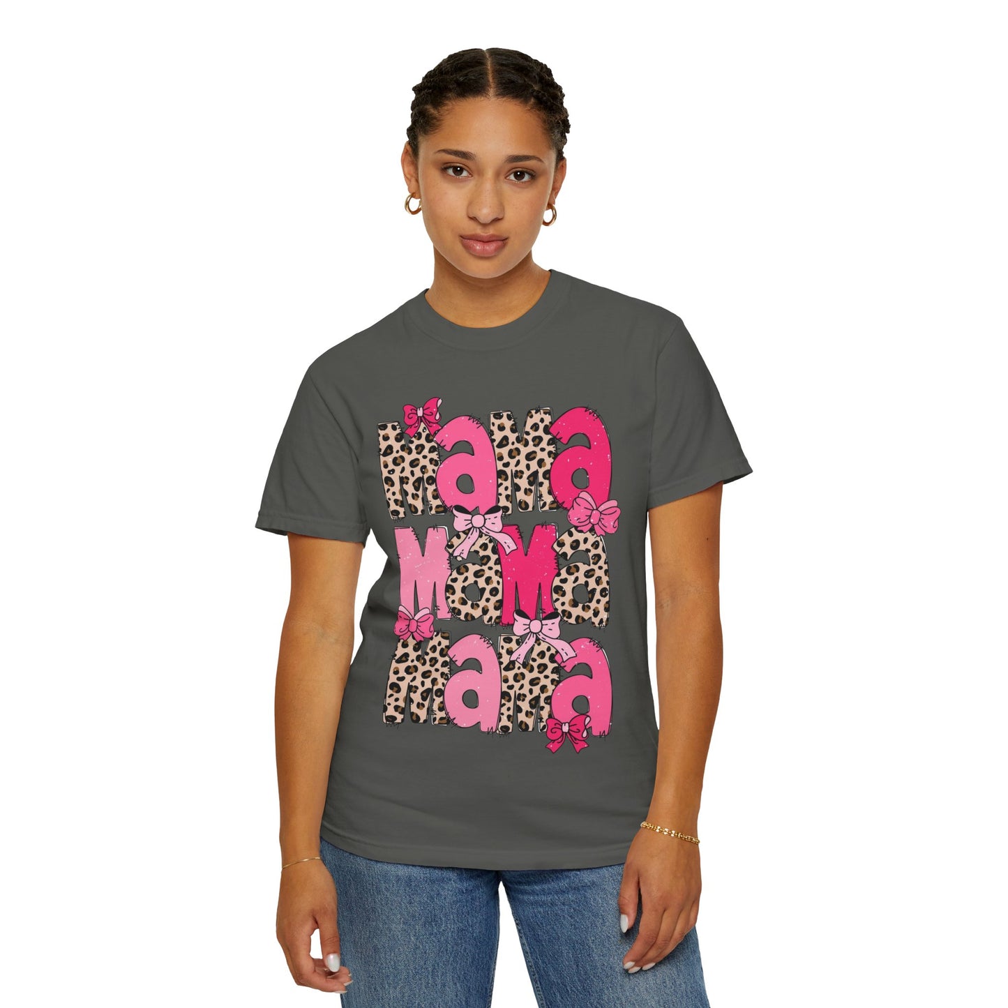 Mama Leopard Print Pink Bow T-Shirt
