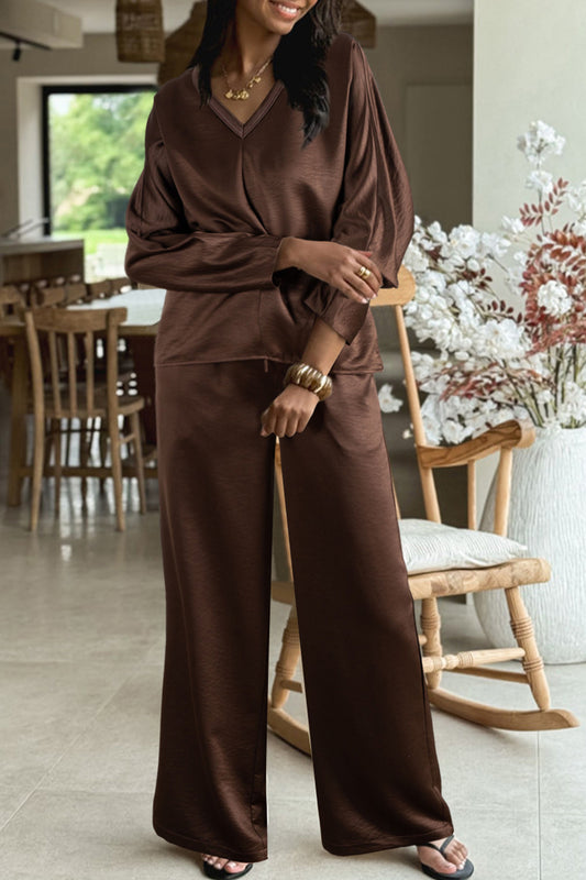 Dark Brown Braided V Neck Long Sleeve Loose Top and Drawstring High Waist Pants 2pcs Outfit