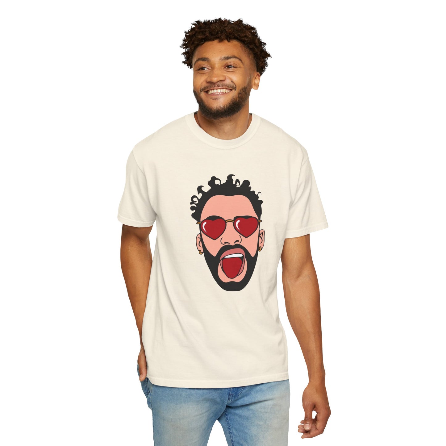 Graphic T-Shirt — Bold Pop Art Face with Heart Sunglasses