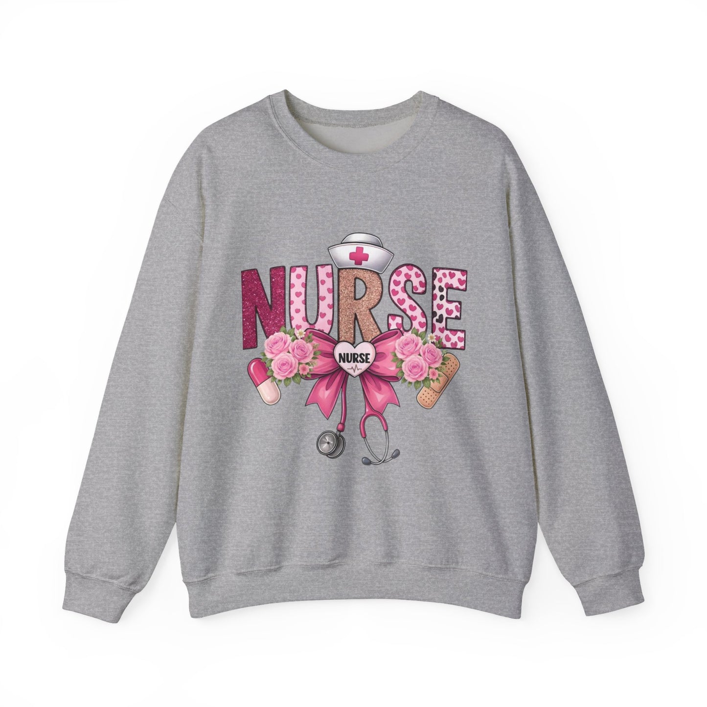 Pink Floral Nurse Crewneck Sweatshirt | Stethoscope, Bandage, Nursing Theme