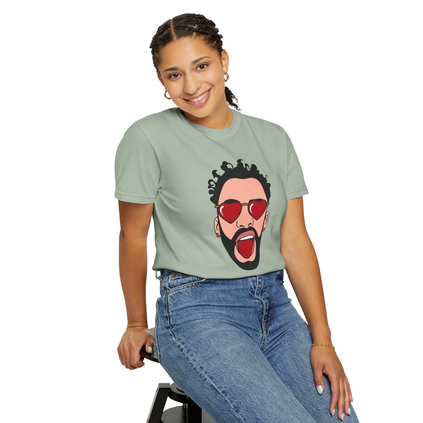 Graphic T-Shirt — Bold Pop Art Face with Heart Sunglasses