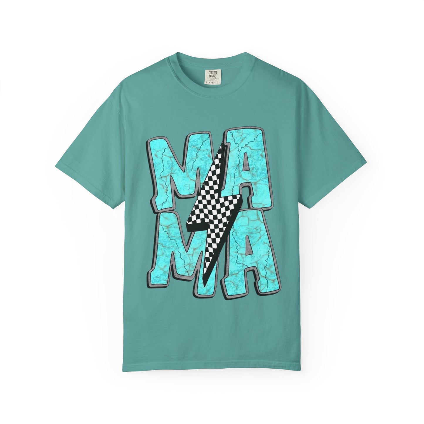 MAMA Lightning Bolt T-Shirt | Checkerboard, Aqua Marble Text