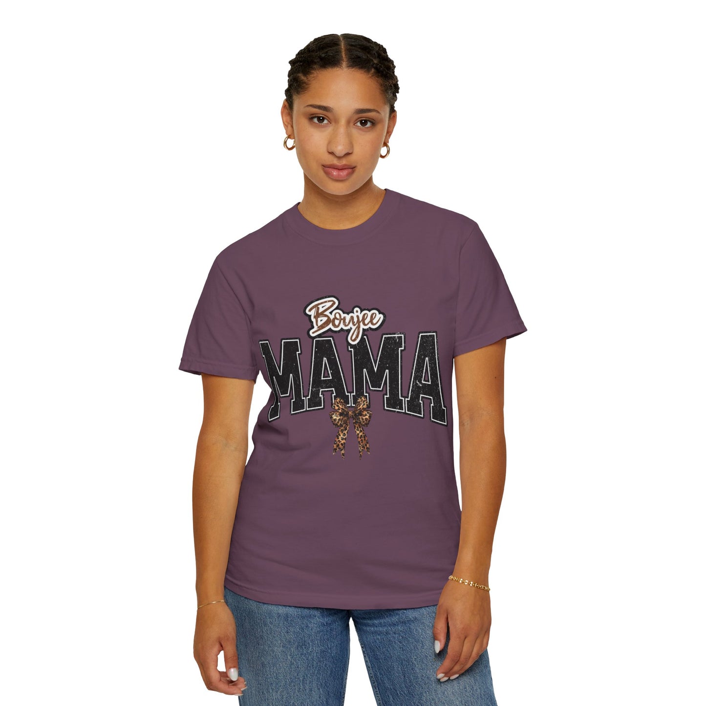Boujee MAMA varsity letters with leopard bow T-Shirt | Mama shirt