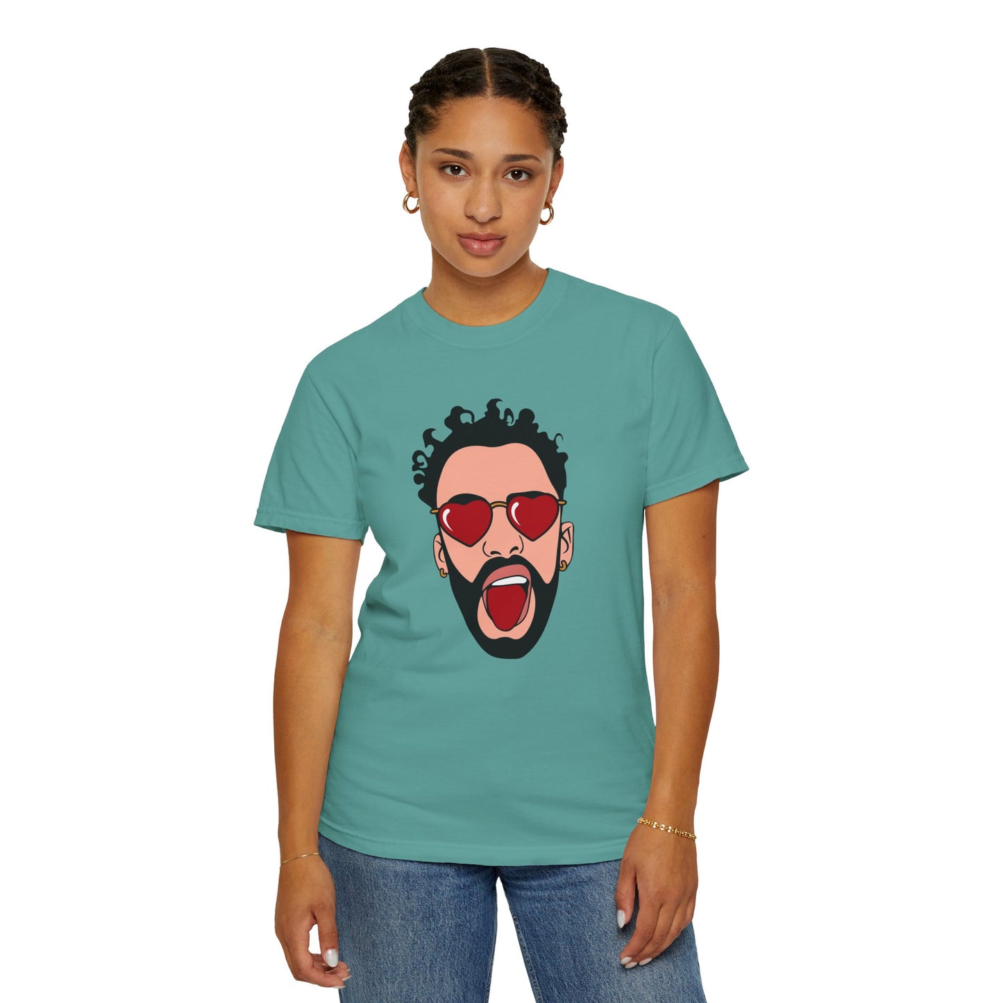 Graphic T-Shirt — Bold Pop Art Face with Heart Sunglasses