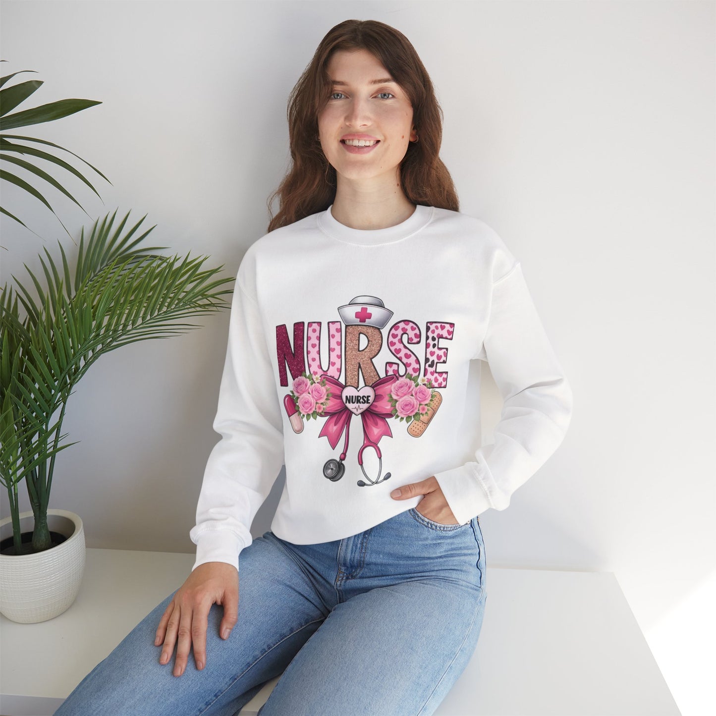Pink Floral Nurse Crewneck Sweatshirt | Stethoscope, Bandage, Nursing Theme