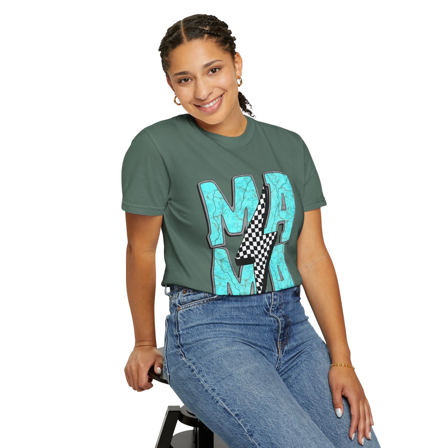 MAMA Lightning Bolt T-Shirt | Checkerboard, Aqua Marble Text