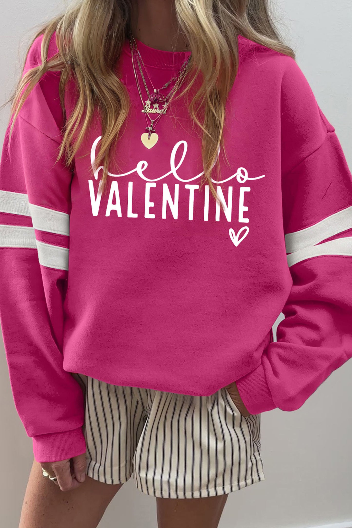 Rose Red Hello Valentine Varsity Striped Sleeve Baggy Sweatshirt