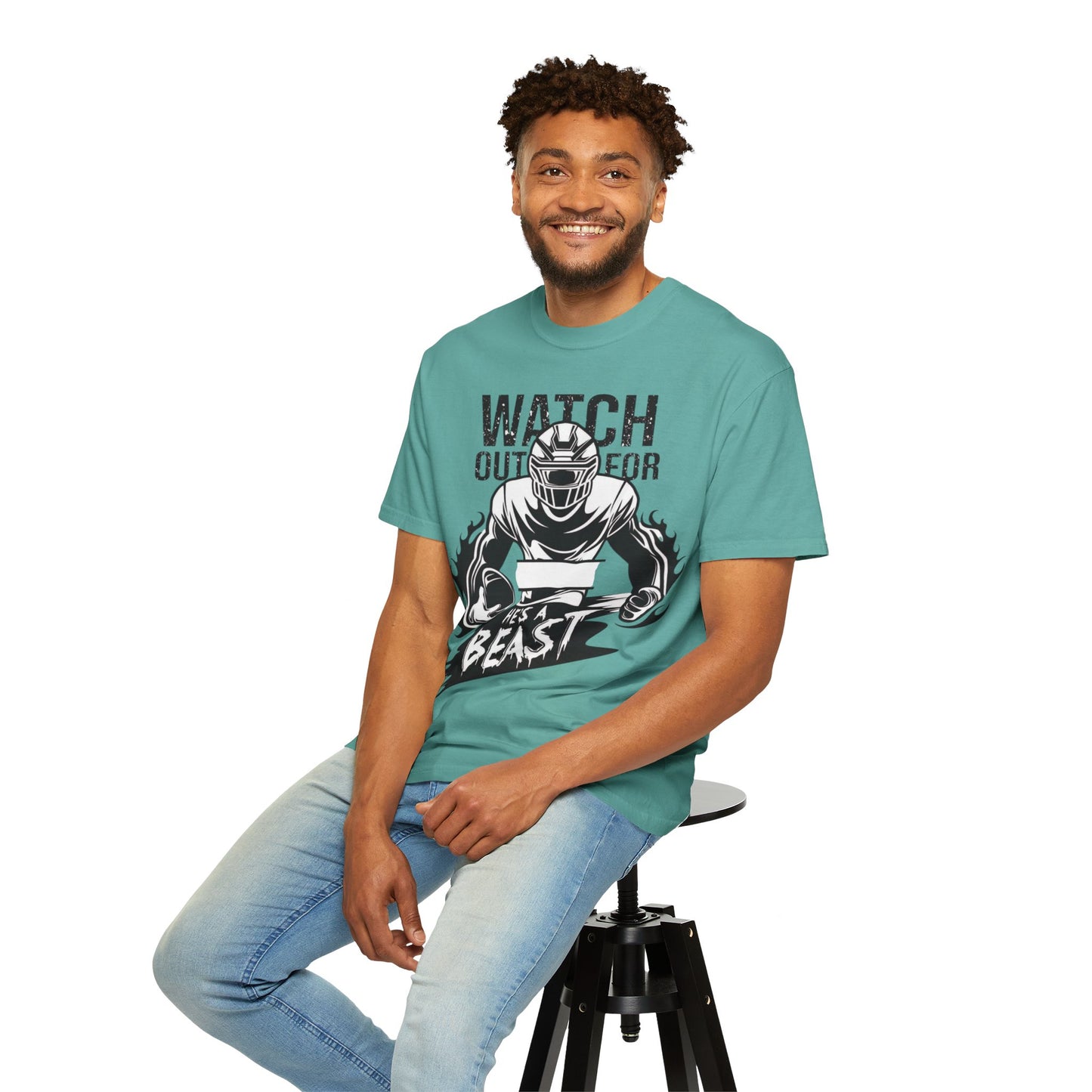 Watch Out For He's A Beast Football Player T-Shirt | Sports Helmet Grunge