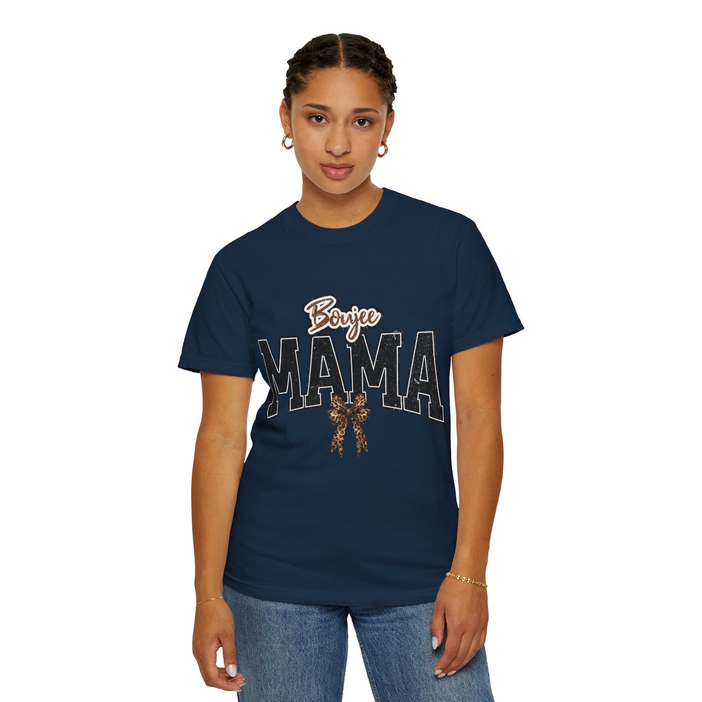 Boujee MAMA varsity letters with leopard bow T-Shirt | Mama shirt