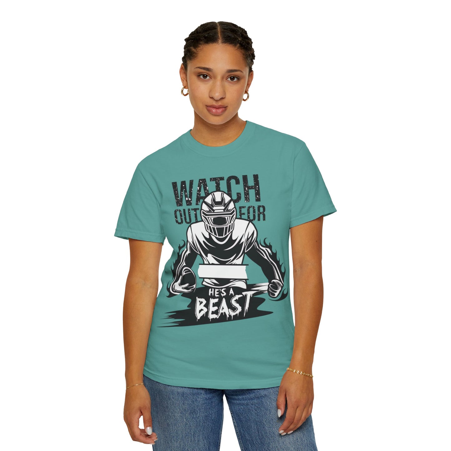 Watch Out For He's A Beast Football Player T-Shirt | Sports Helmet Grunge