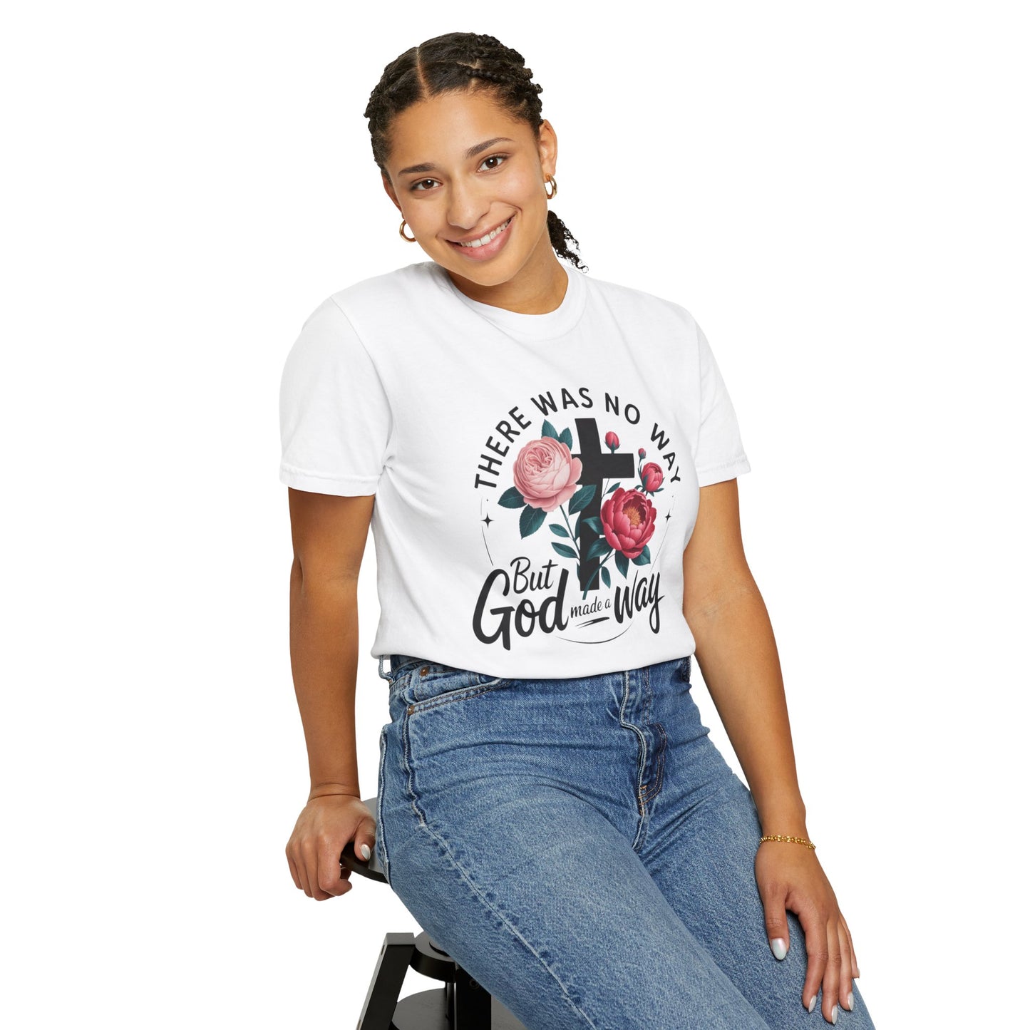 Christian T-Shirt — "There Was No Way But God Made A Way" Floral Cross