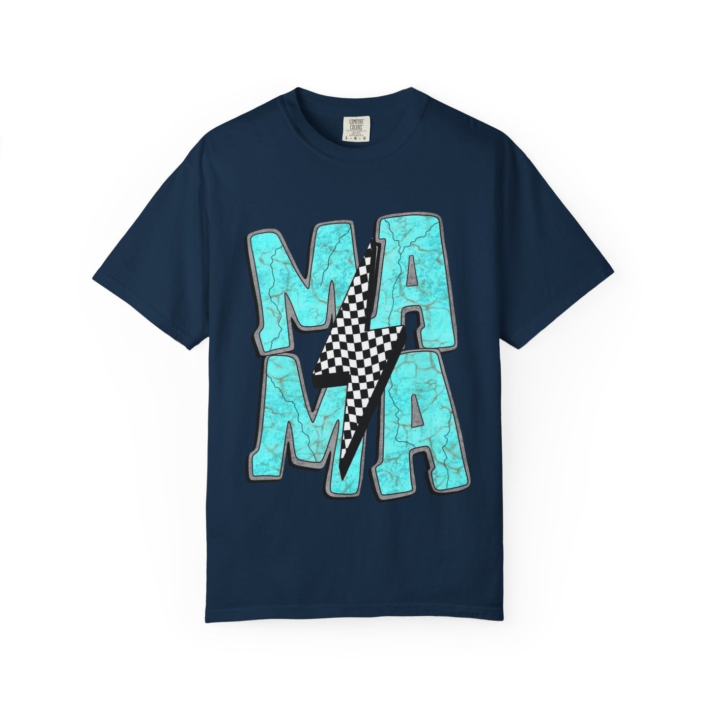 MAMA Lightning Bolt T-Shirt | Checkerboard, Aqua Marble Text