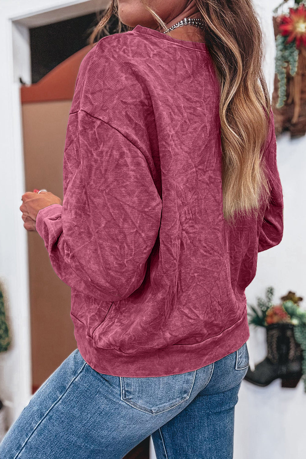 Mineral Red saved by grace Letter Embroidery Mineral Wash Loose Sweatshirt
