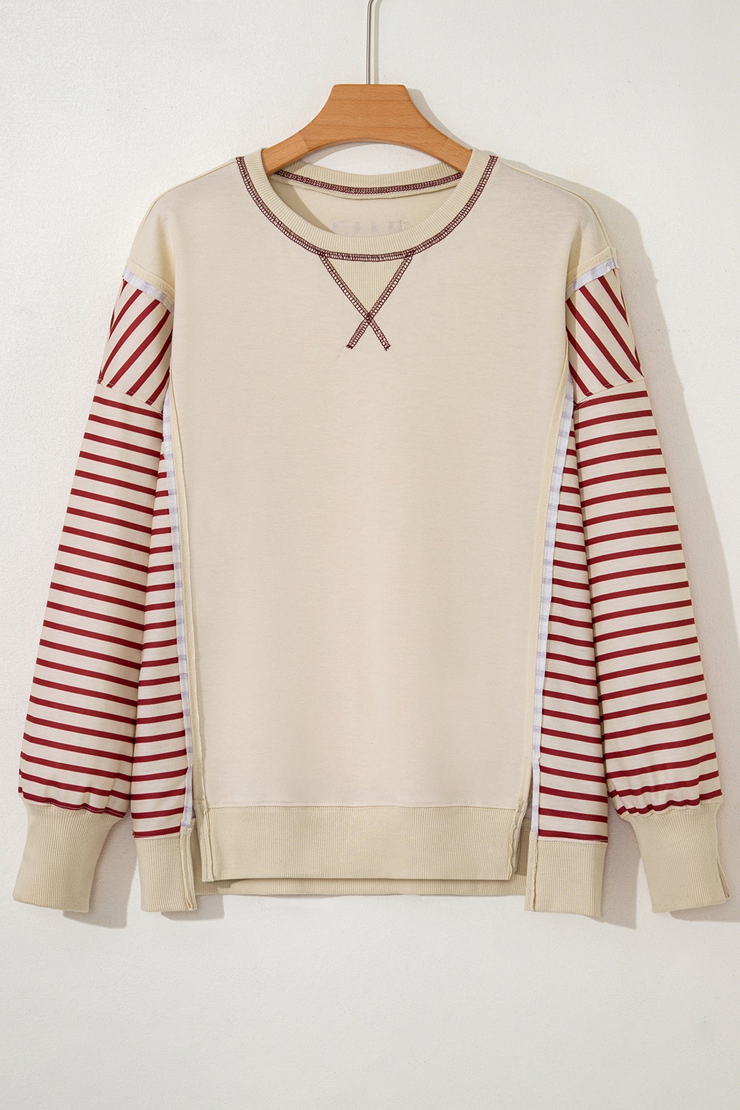 Red Stripe Sleeve Patchwork Casual Knit Top