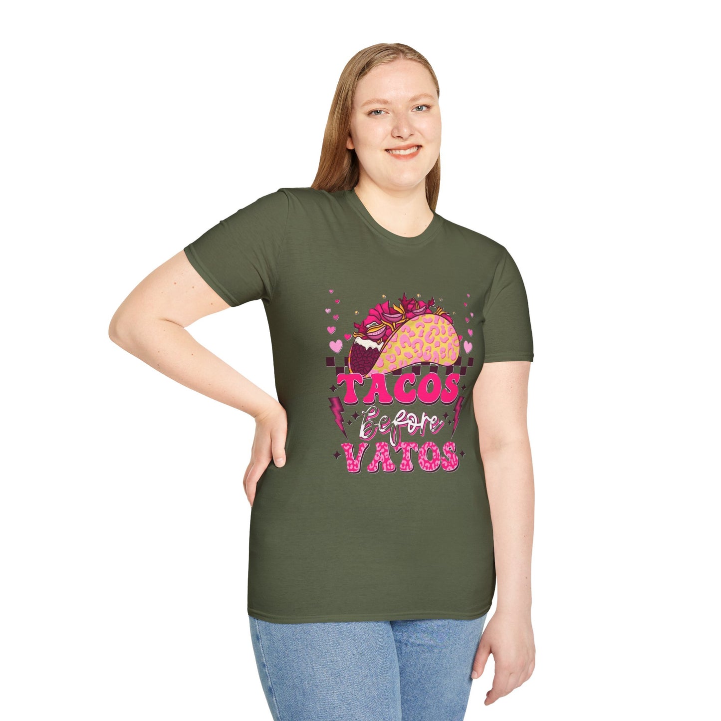 T-Shirt — "Tacos Before Vatos" Cute Pink Taco Graphic Tee
