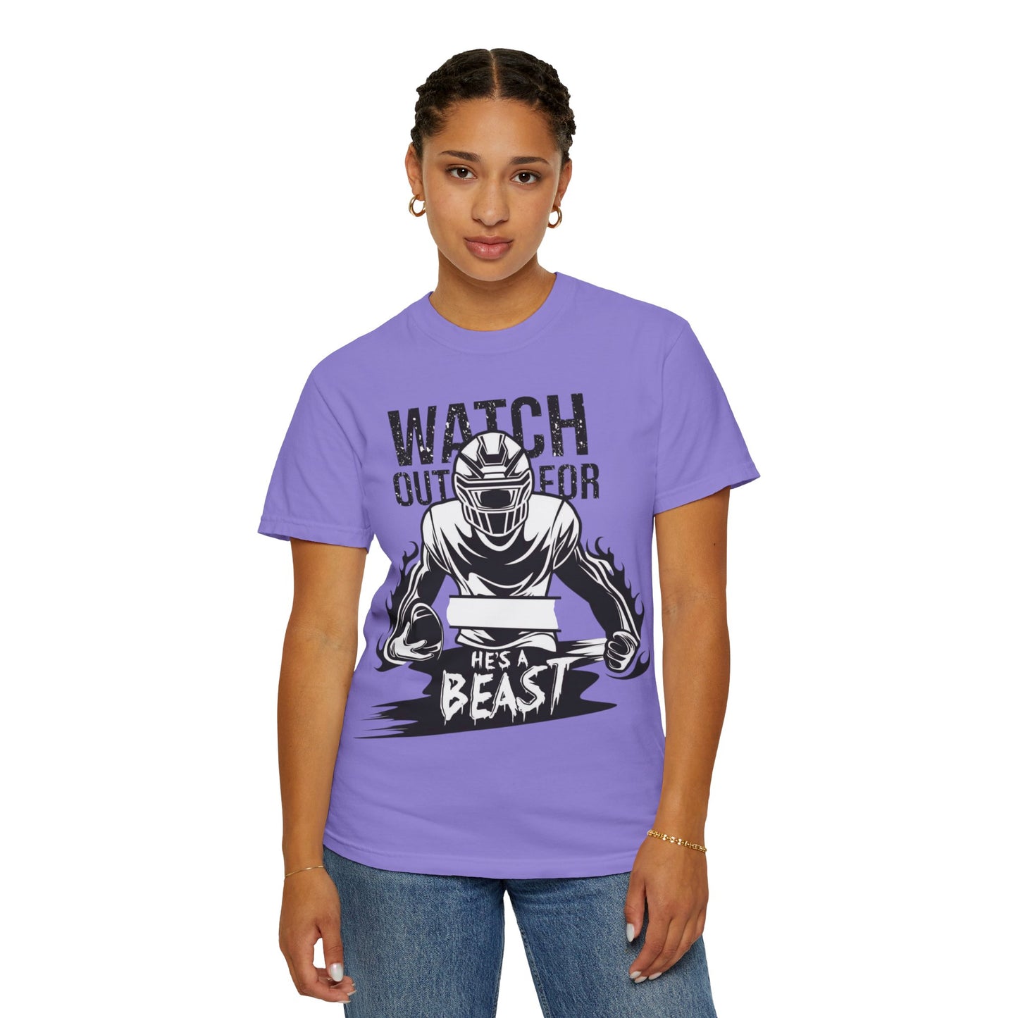 Watch Out For He's A Beast Football Player T-Shirt | Sports Helmet Grunge