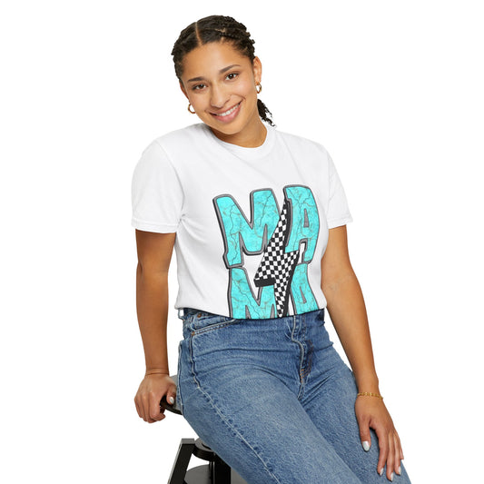 MAMA Lightning Bolt T-Shirt | Checkerboard, Aqua Marble Text