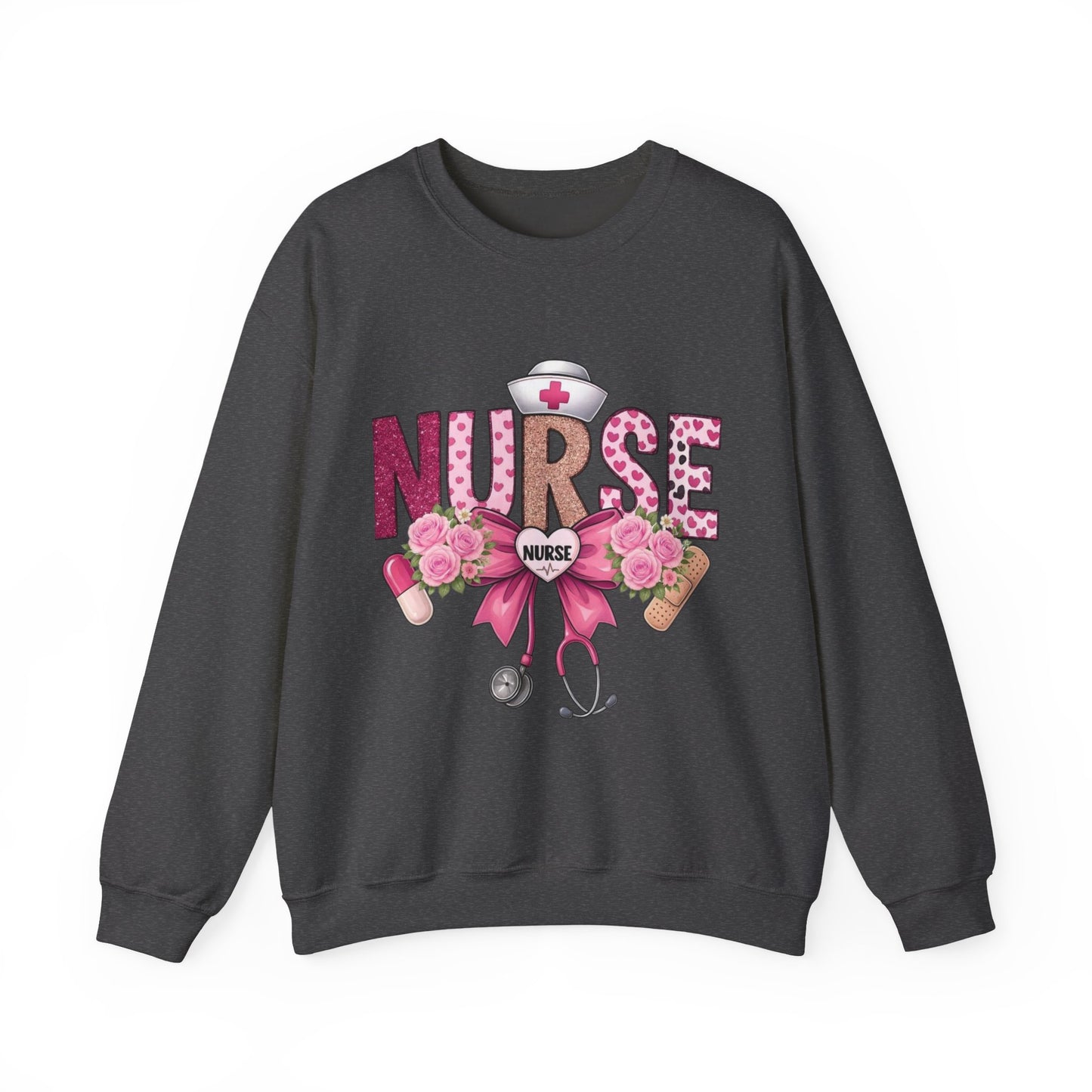 Pink Floral Nurse Crewneck Sweatshirt | Stethoscope, Bandage, Nursing Theme