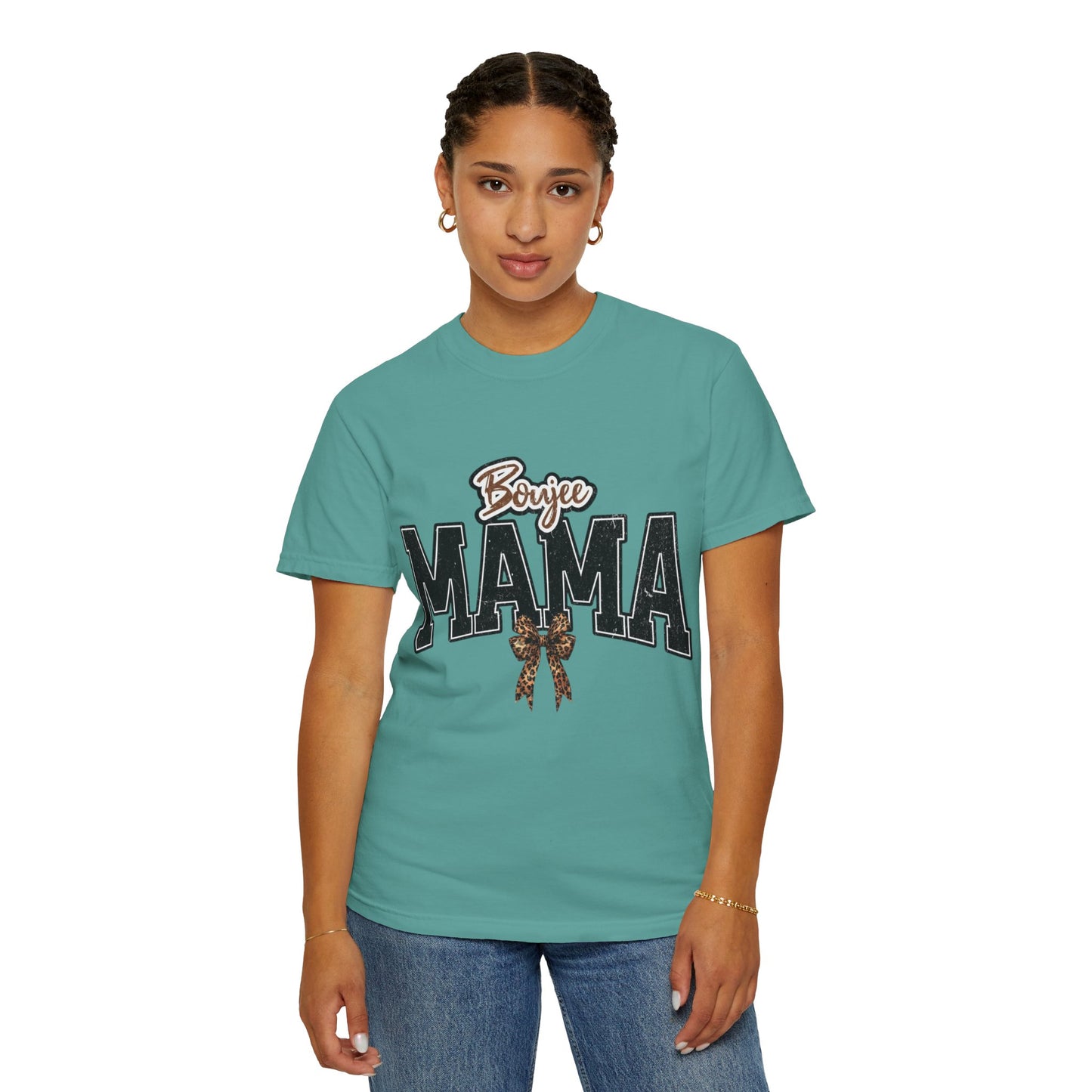 Boujee MAMA varsity letters with leopard bow T-Shirt | Mama shirt
