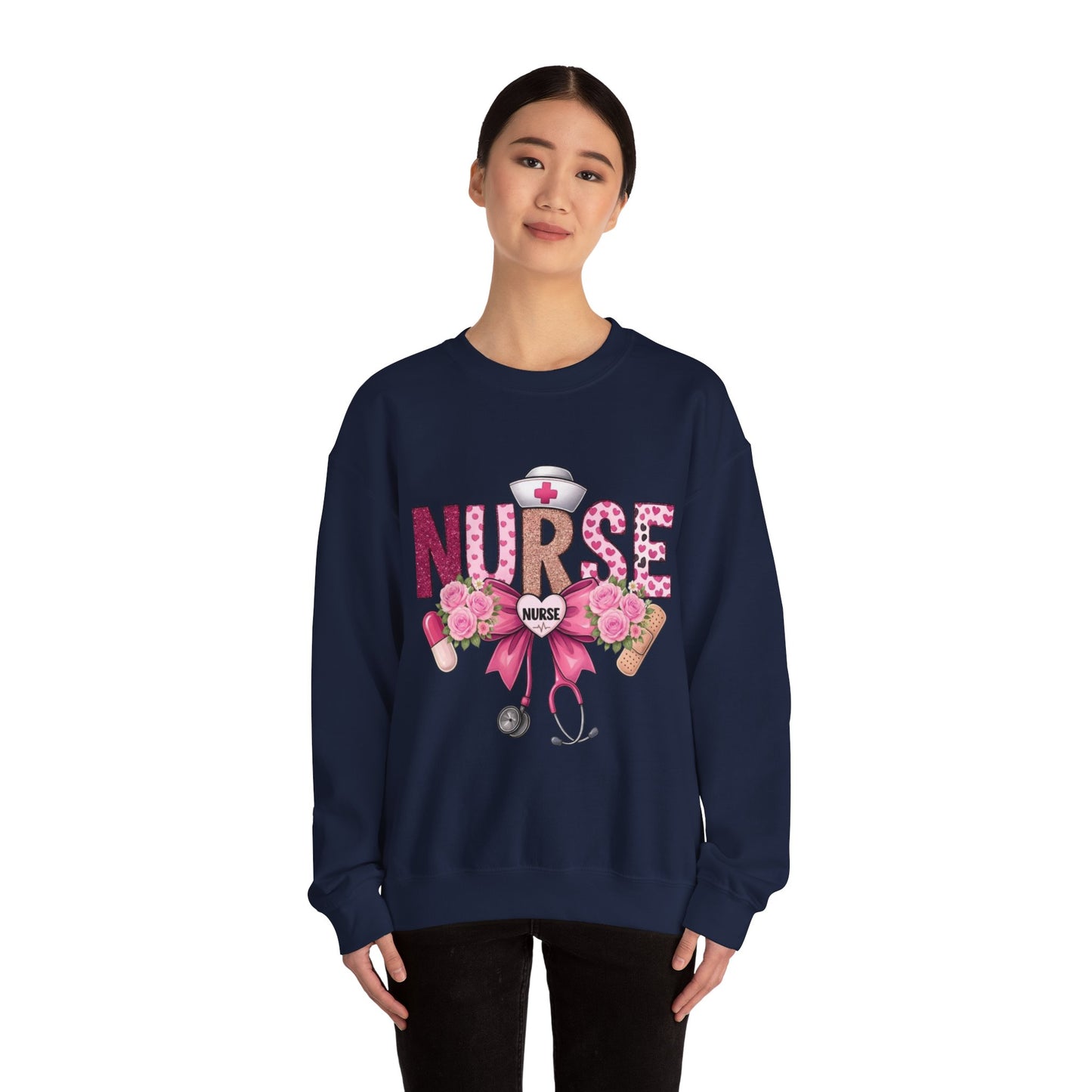 Pink Floral Nurse Crewneck Sweatshirt | Stethoscope, Bandage, Nursing Theme