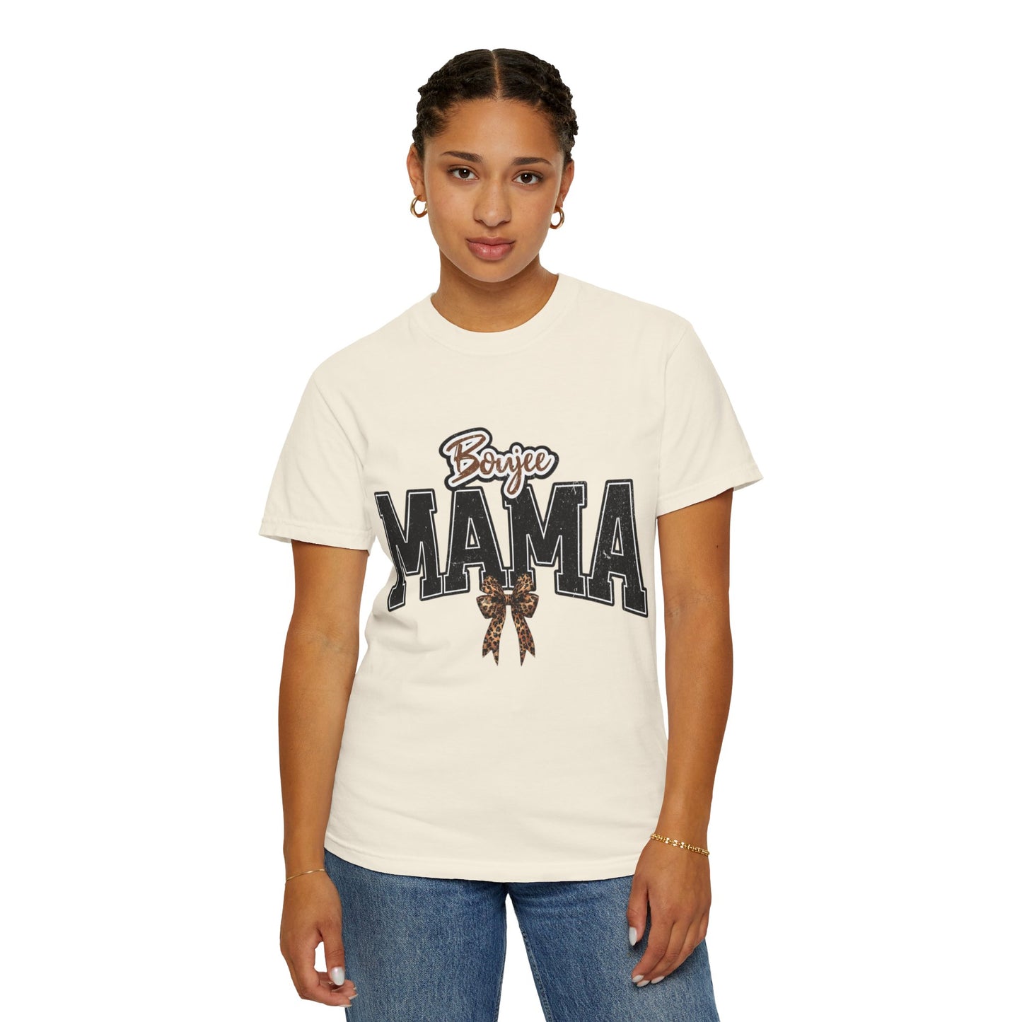 Boujee MAMA varsity letters with leopard bow T-Shirt | Mama shirt