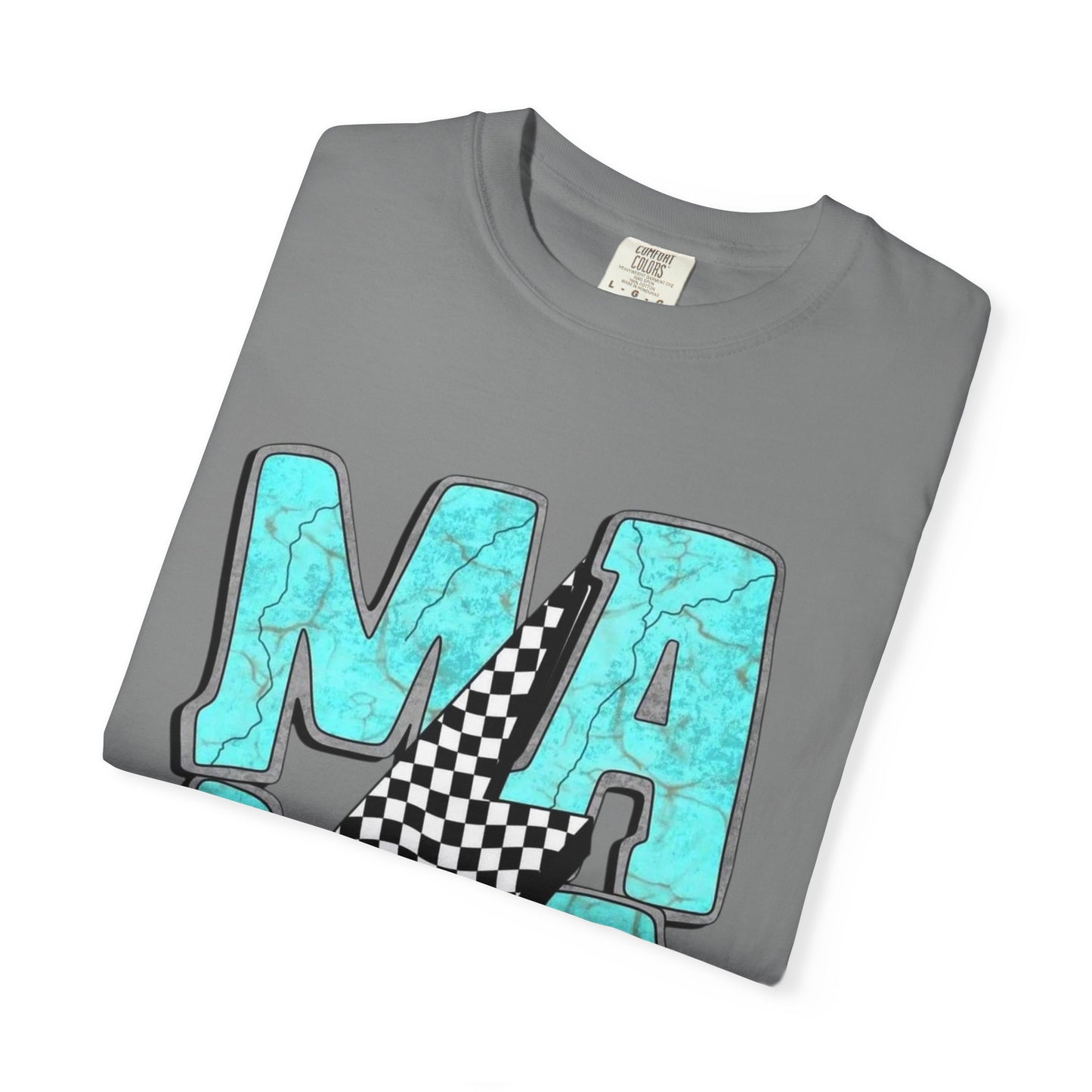 MAMA Lightning Bolt T-Shirt | Checkerboard, Aqua Marble Text