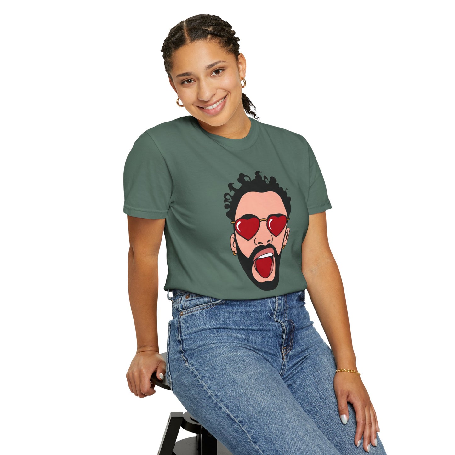 Graphic T-Shirt — Bold Pop Art Face with Heart Sunglasses