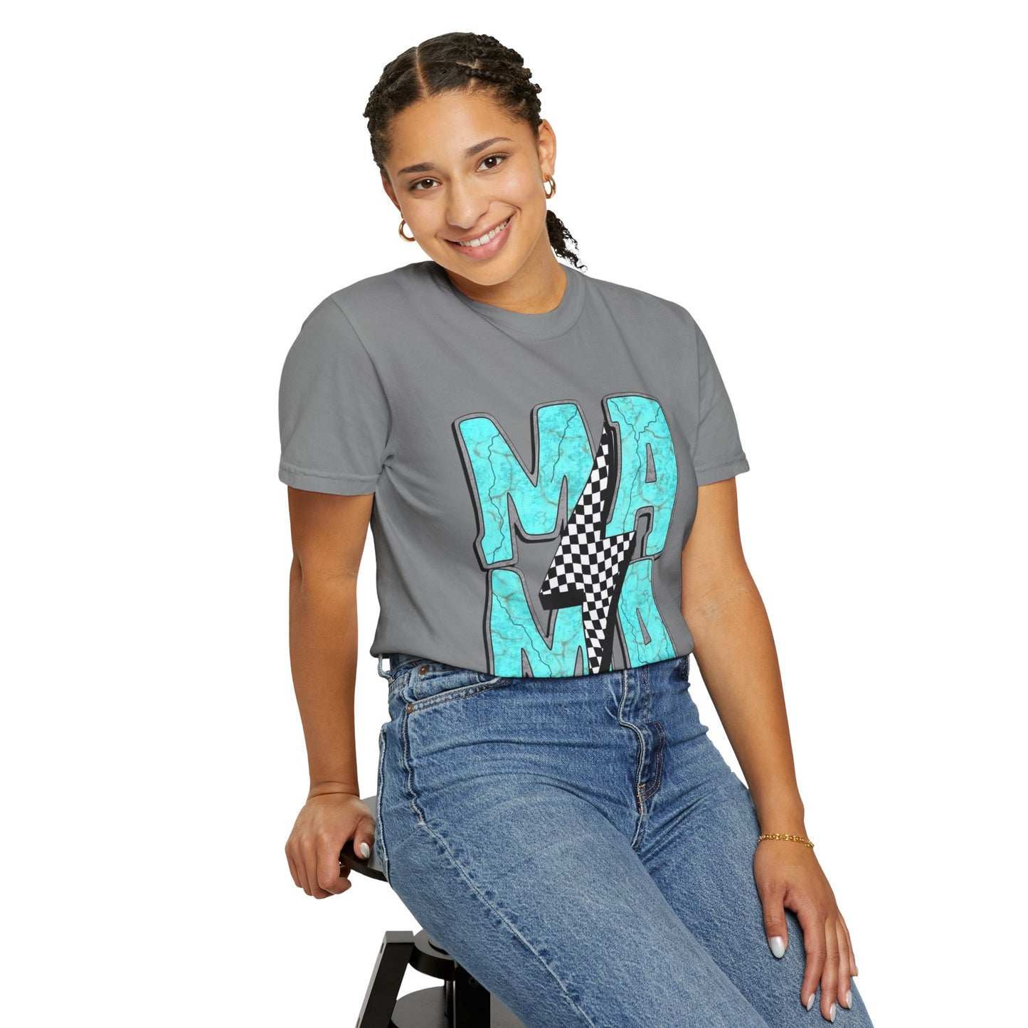 MAMA Lightning Bolt T-Shirt | Checkerboard, Aqua Marble Text