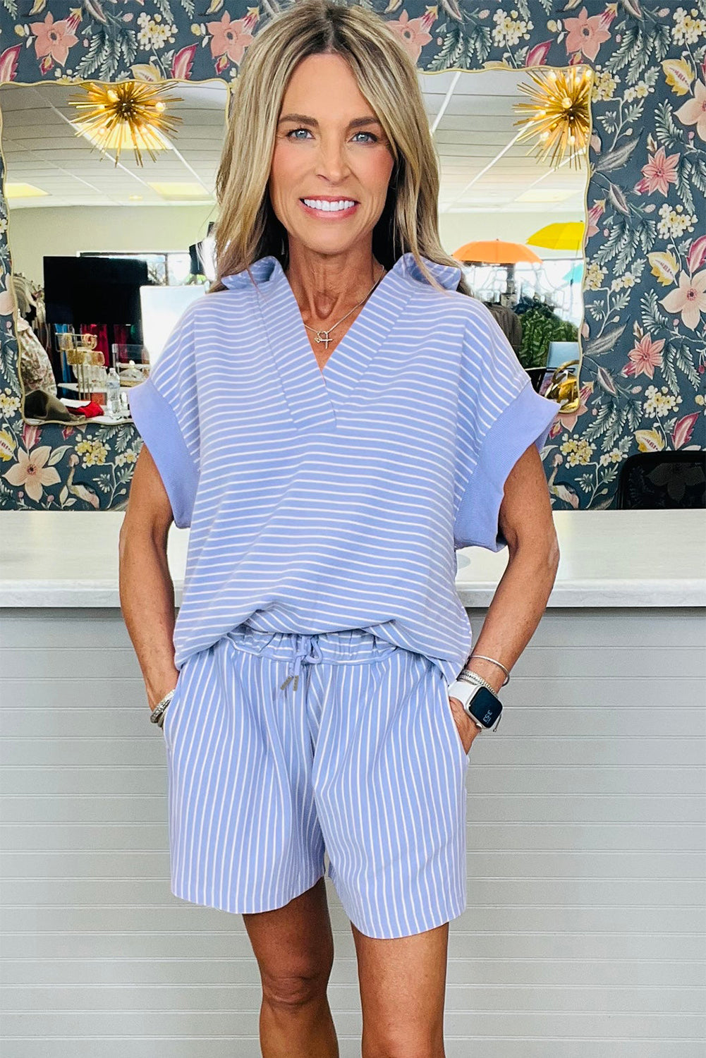 Sky Blue Striped Dolman Sleeve Pullover and Drawstring Shorts Set