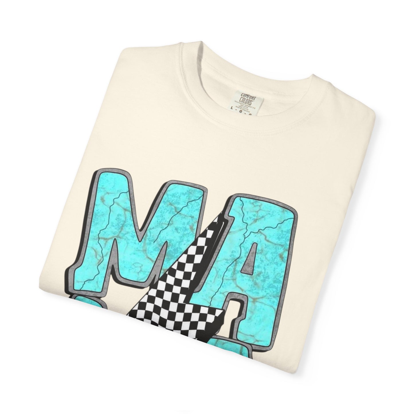 MAMA Lightning Bolt T-Shirt | Checkerboard, Aqua Marble Text