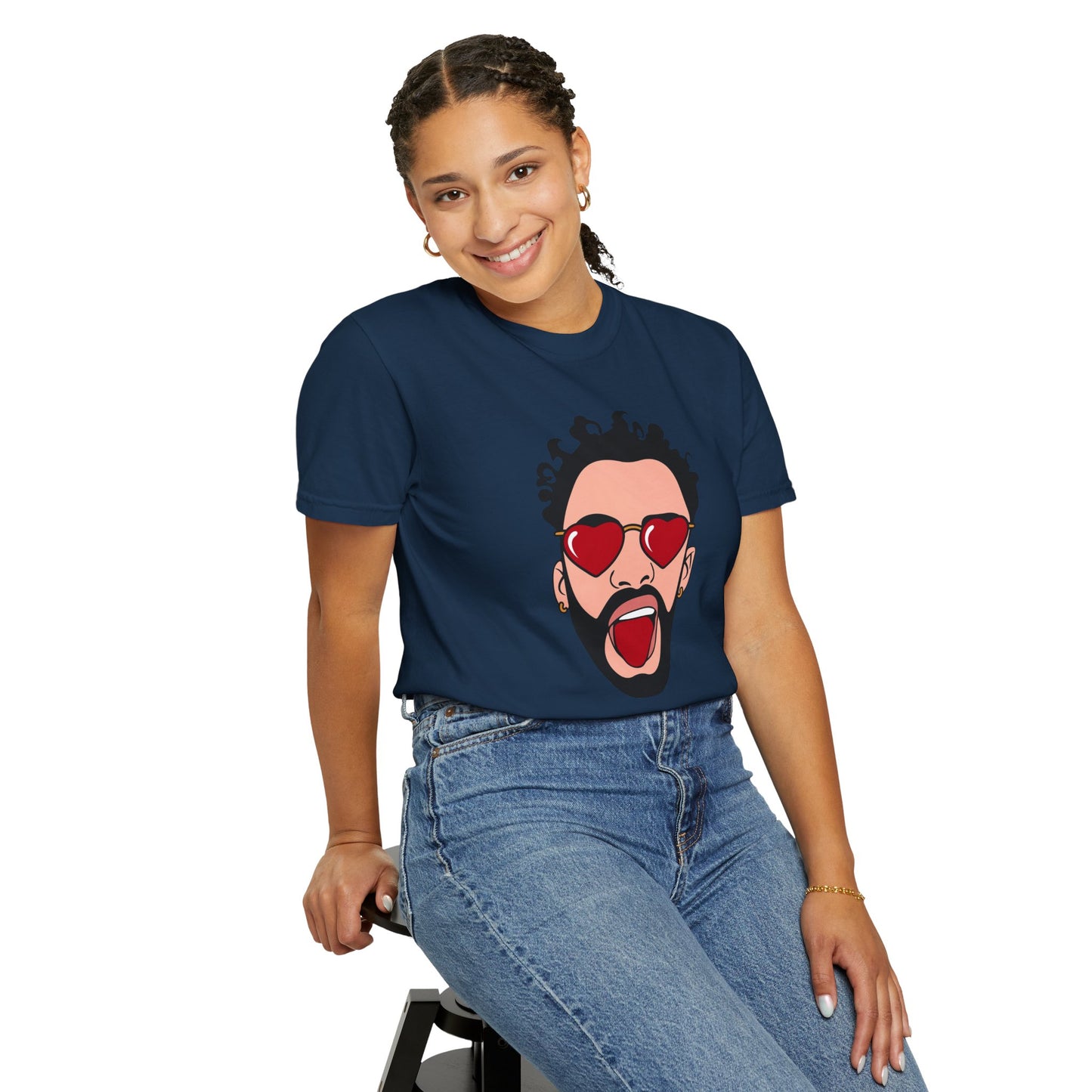 Graphic T-Shirt — Bold Pop Art Face with Heart Sunglasses