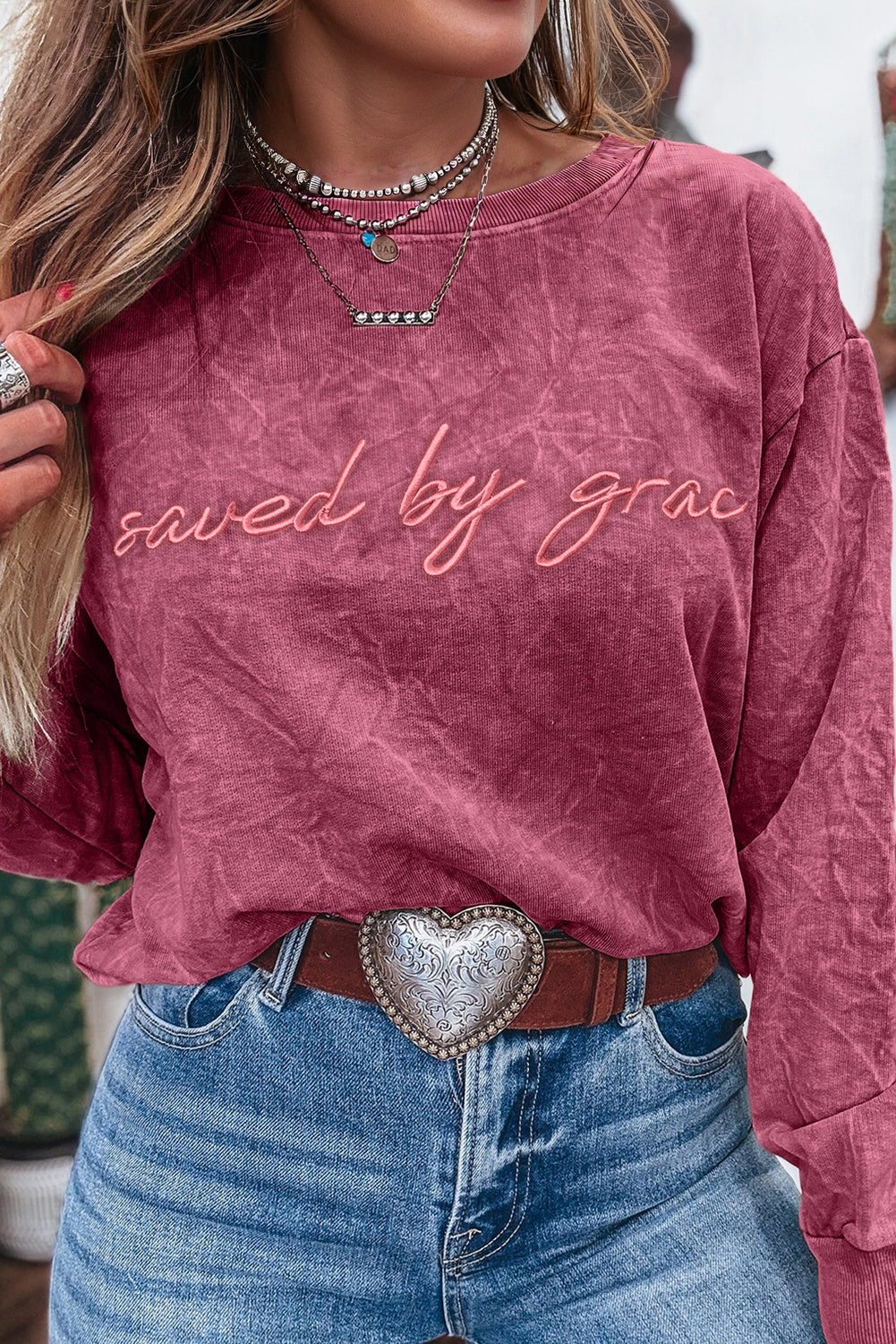Mineral Red saved by grace Letter Embroidery Mineral Wash Loose Sweatshirt