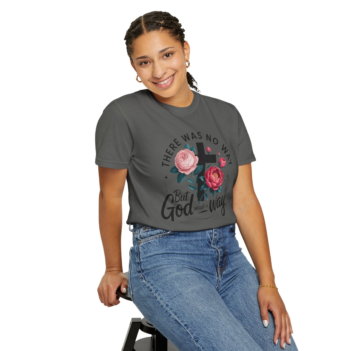 Christian T-Shirt — "There Was No Way But God Made A Way" Floral Cross