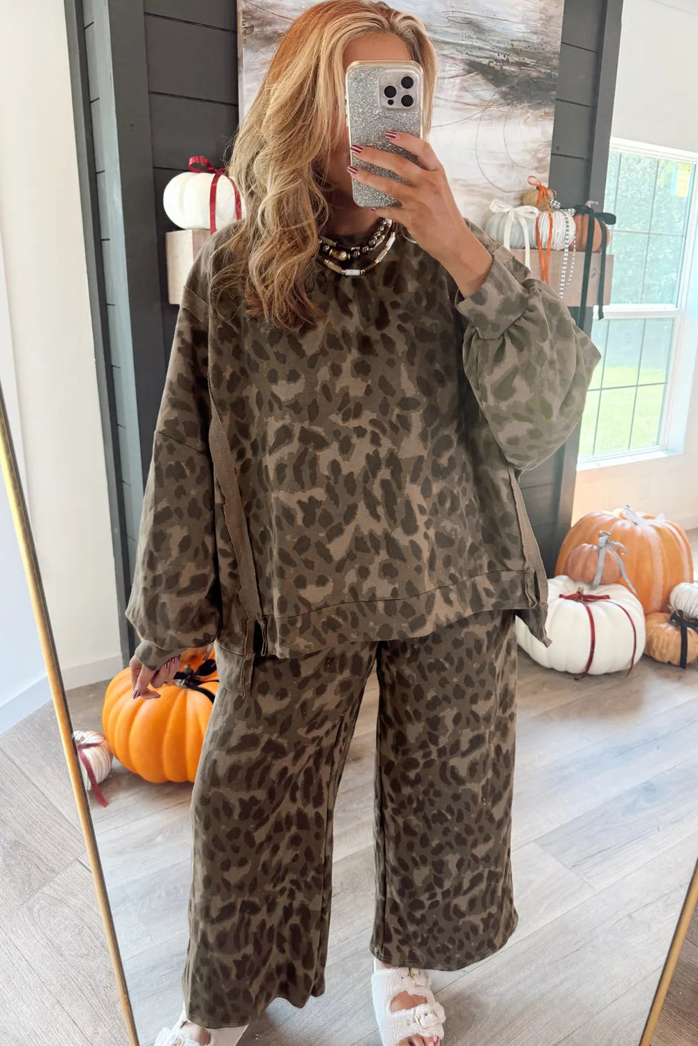 Brown Allover Leopard Print Pullover Drawstring Loose Pants Set