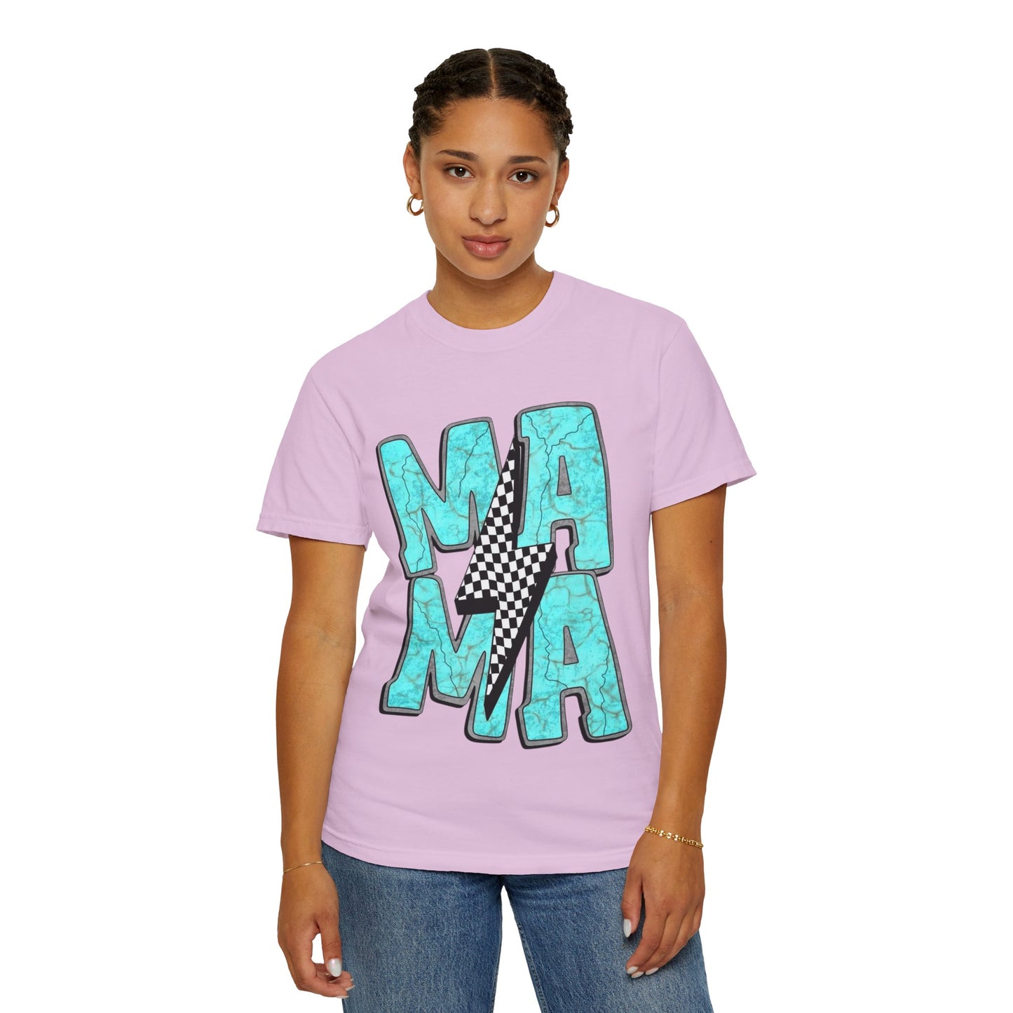 MAMA Lightning Bolt T-Shirt | Checkerboard, Aqua Marble Text