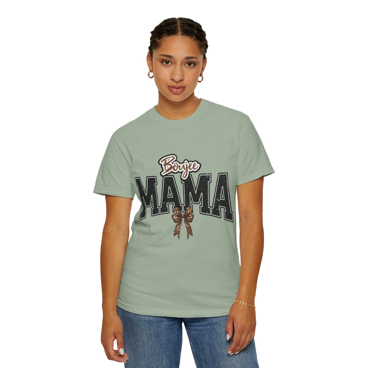 Boujee MAMA varsity letters with leopard bow T-Shirt | Mama shirt