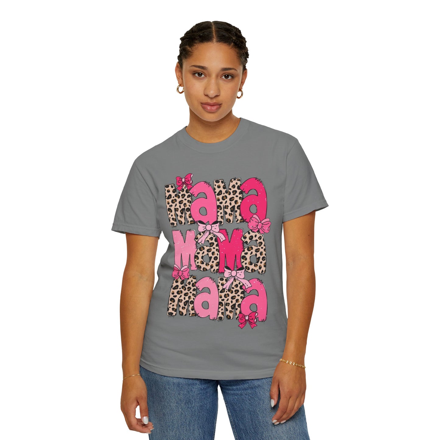 Mama Leopard Print Pink Bow T-Shirt