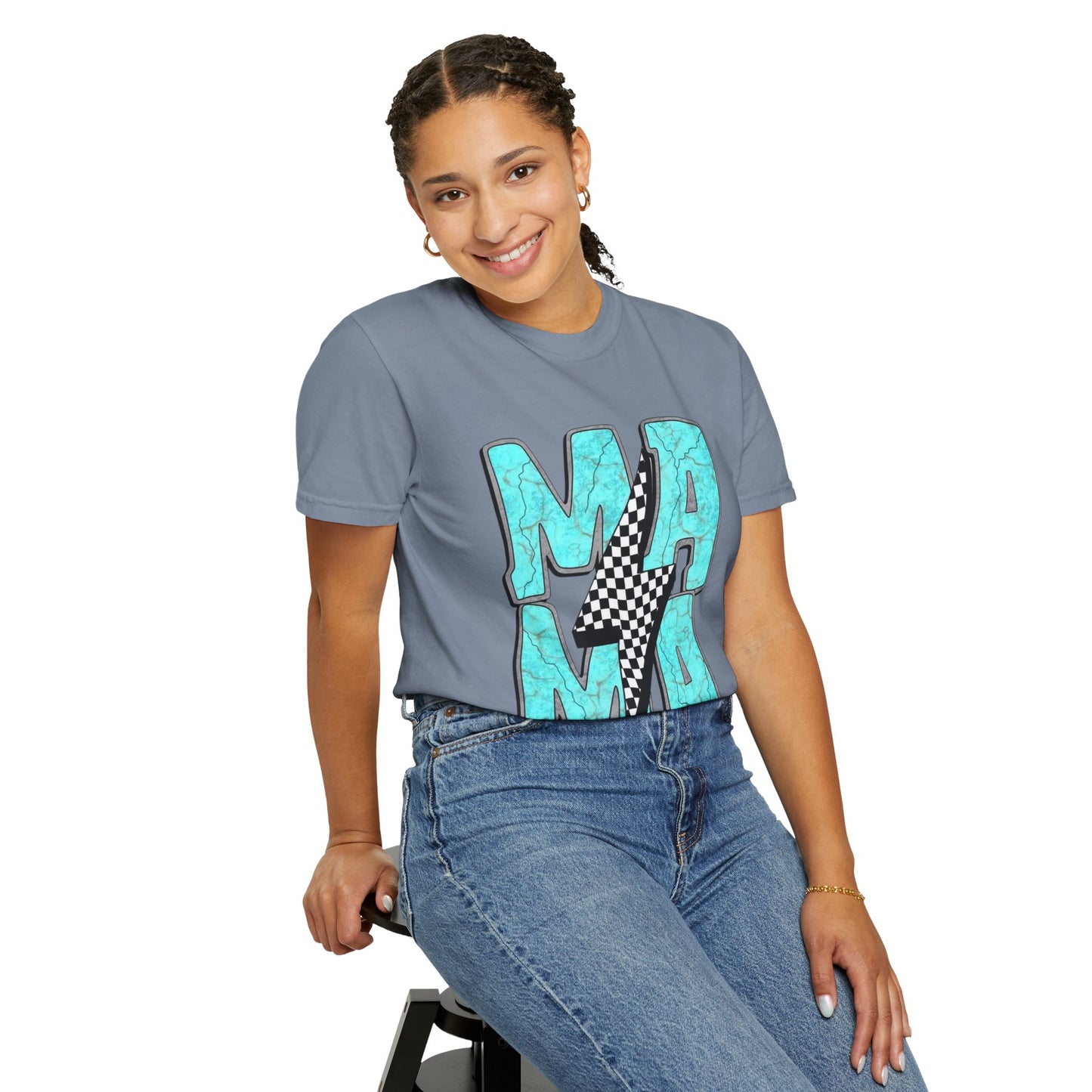 MAMA Lightning Bolt T-Shirt | Checkerboard, Aqua Marble Text