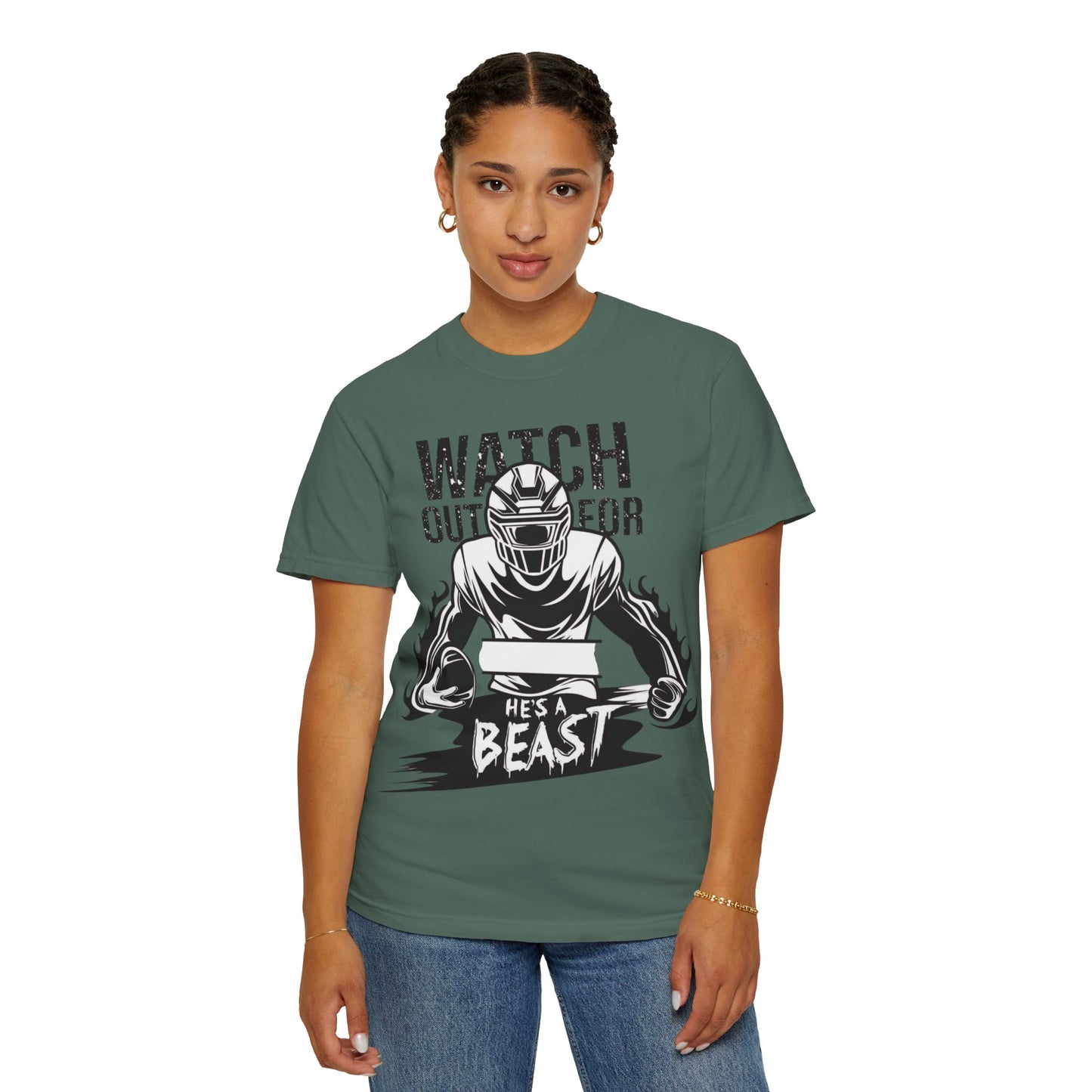 Watch Out For He's A Beast Football Player T-Shirt | Sports Helmet Grunge
