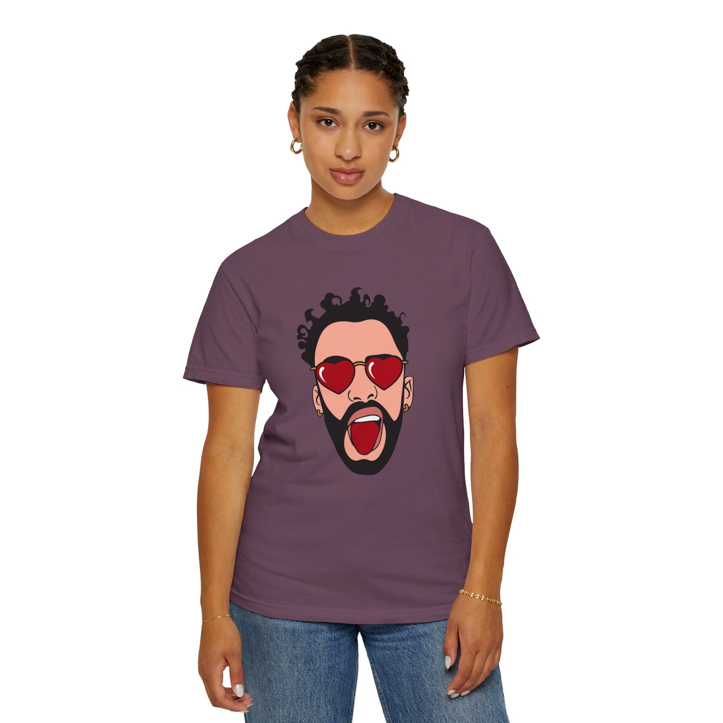 Graphic T-Shirt — Bold Pop Art Face with Heart Sunglasses