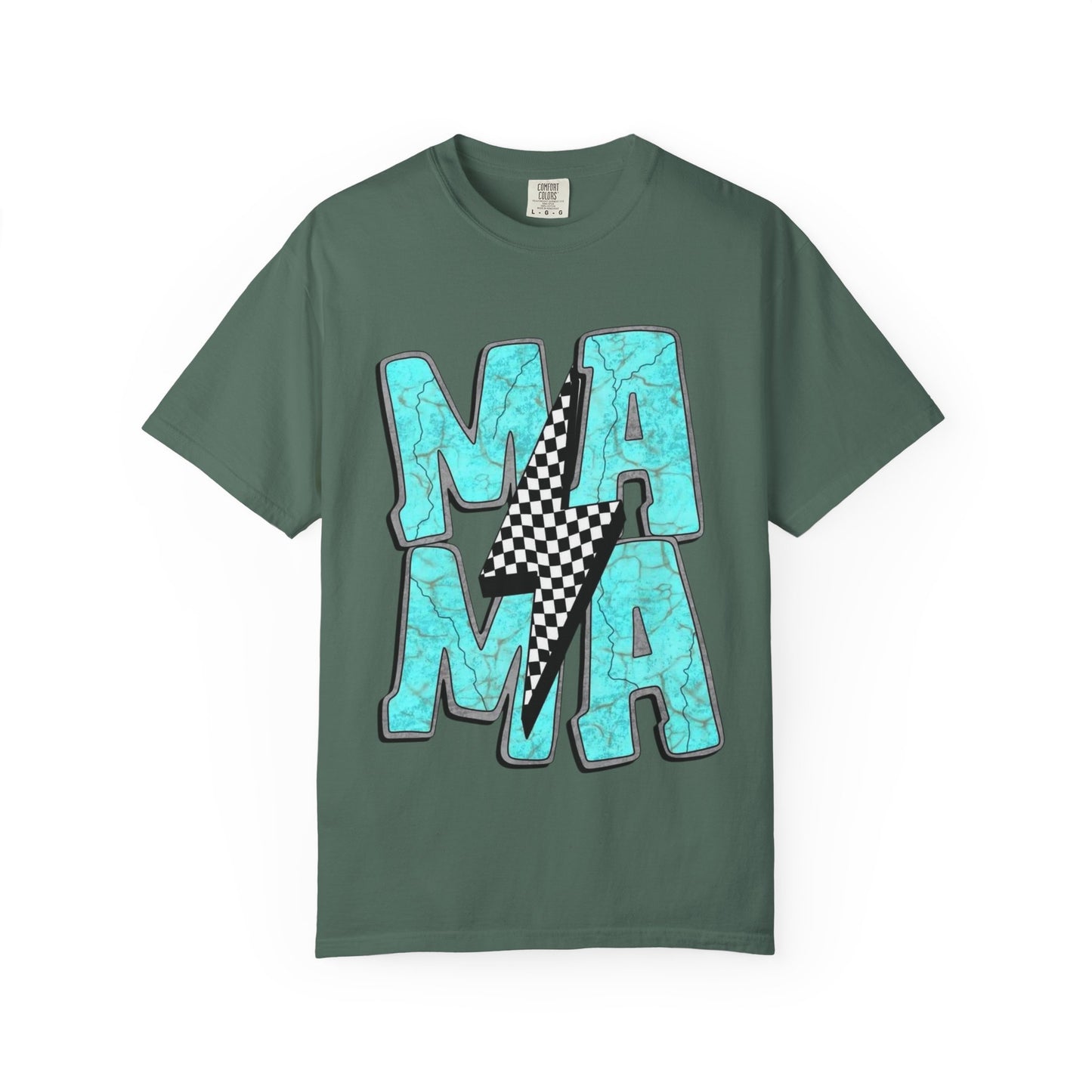 MAMA Lightning Bolt T-Shirt | Checkerboard, Aqua Marble Text