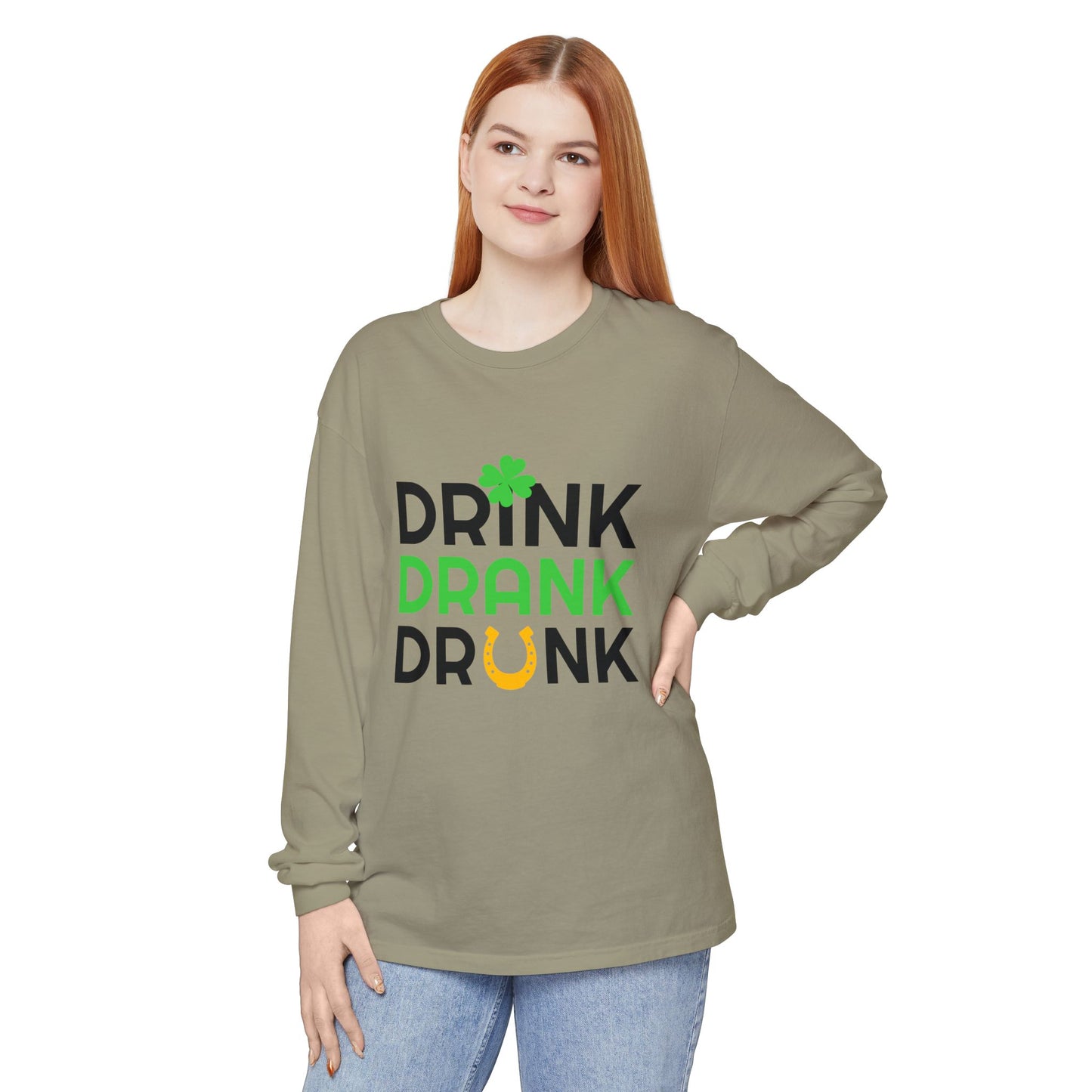 Drink Drank Drunk Shamrock Horseshoe Long Sleeve Tee | St. Patrick's Day Shirt