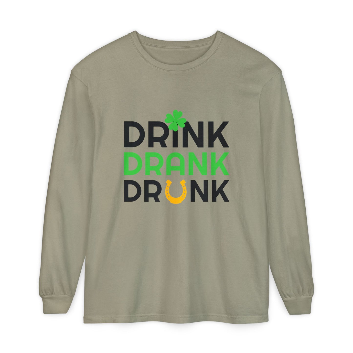 Drink Drank Drunk Shamrock Horseshoe Long Sleeve Tee | St. Patrick's Day Shirt